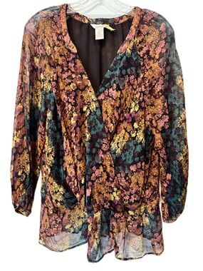 Sundance Silk Blouse XL Sheer Floral Boho Peplum Top Fall Colors